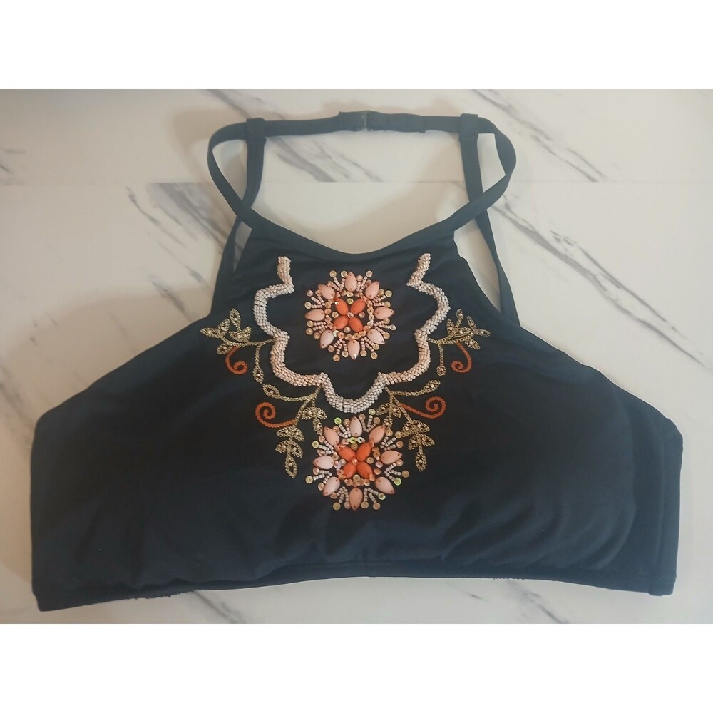 Kenneth Cole Reaction Womens Size L  Embroidered Black Swim Top Floral Beaded